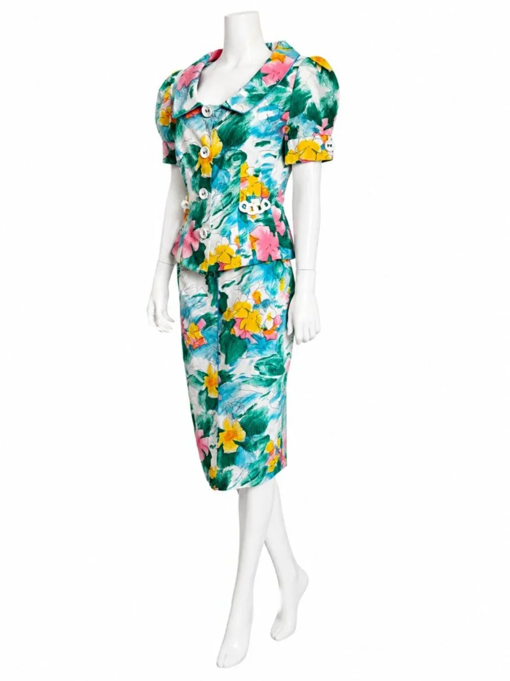 Vintage Equateur Paris Floral 2pc Skirt Suit French Puff Sleeve Set NOS Sz 42